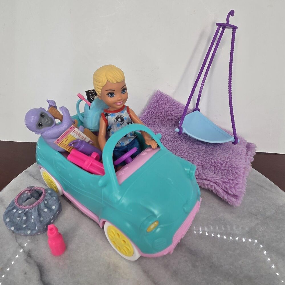 Mattel Barbie Chelsea Doll Convertible Car Playset Monkey Pet Hammock Set Extras